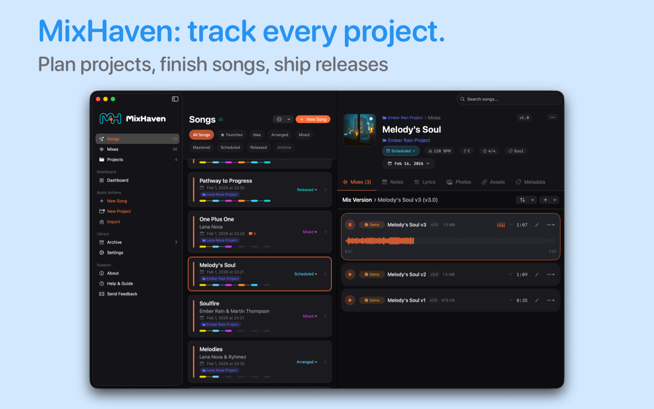 MixHaven project management app for music producers, songwriters and mix engineers